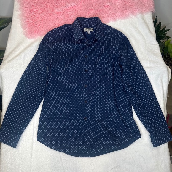 Express Other - Express Fitted Mens Navy Blue Polka Dot Long Sleeve Button Down Shirt Small‎ S